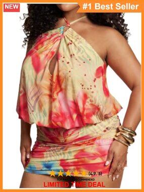 Plus Size Floral Halter Bodycon Mini Dress Sleeveless Open Back Ruched